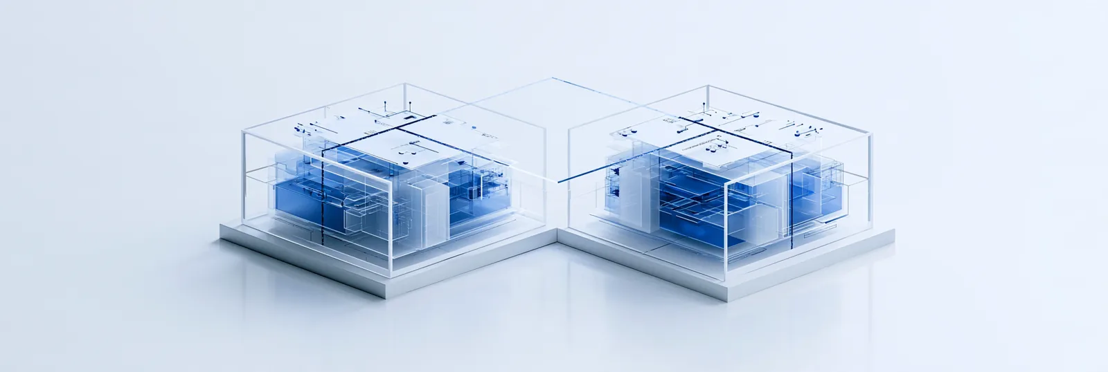 Spatial render: two transparent token interface assemblies side by side on a shared comparison plane