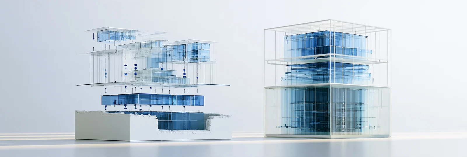 Spatial render: two technology stacks side by side, one assembled from separate parts, one delivered whole