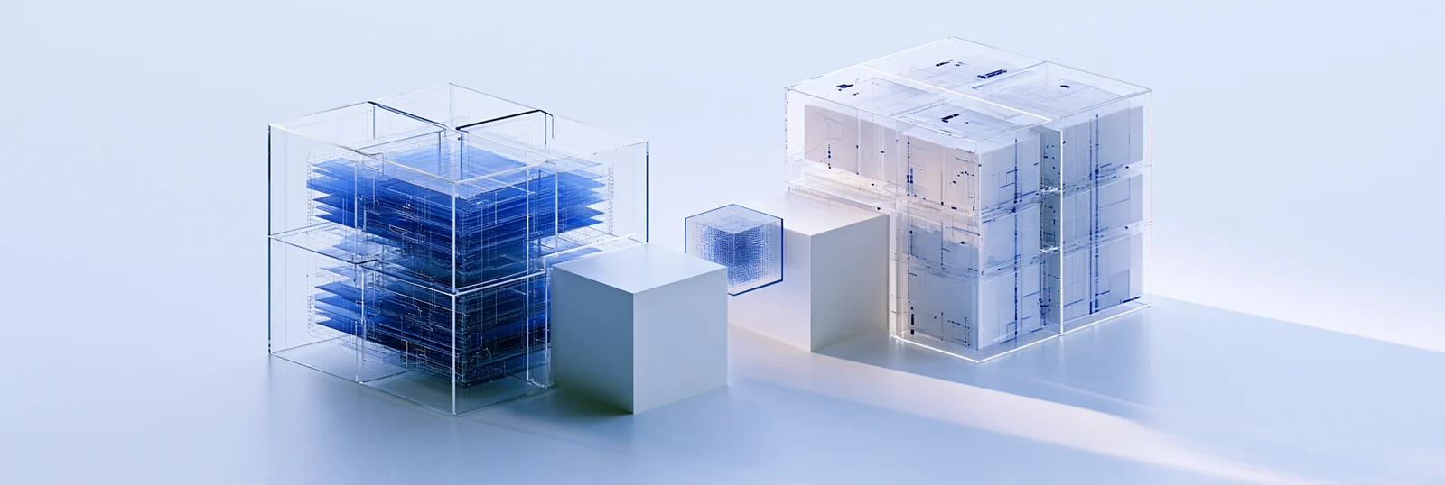 Spatial render: two distinct blockchain structures separated by an interval of white