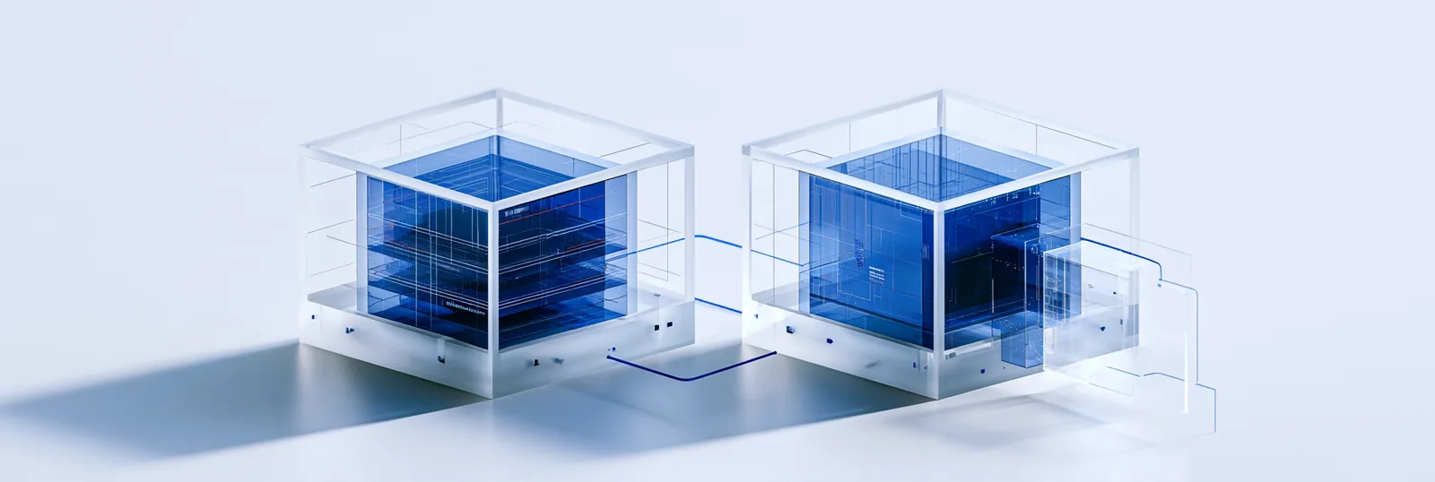 Spatial render: two equal token modules side by side, one layered with ownership records, one plain