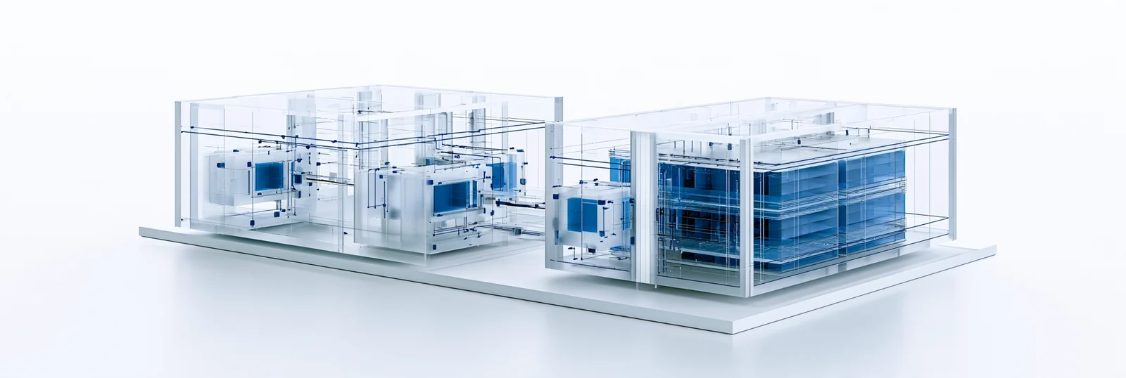 Spatial render: two record assemblies of the same size, one carrying its rules inside, one plain