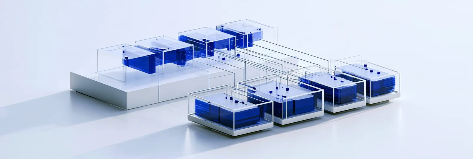 Spatial render: two parallel fundraising systems of equal scale, one ordered and connected, one manual