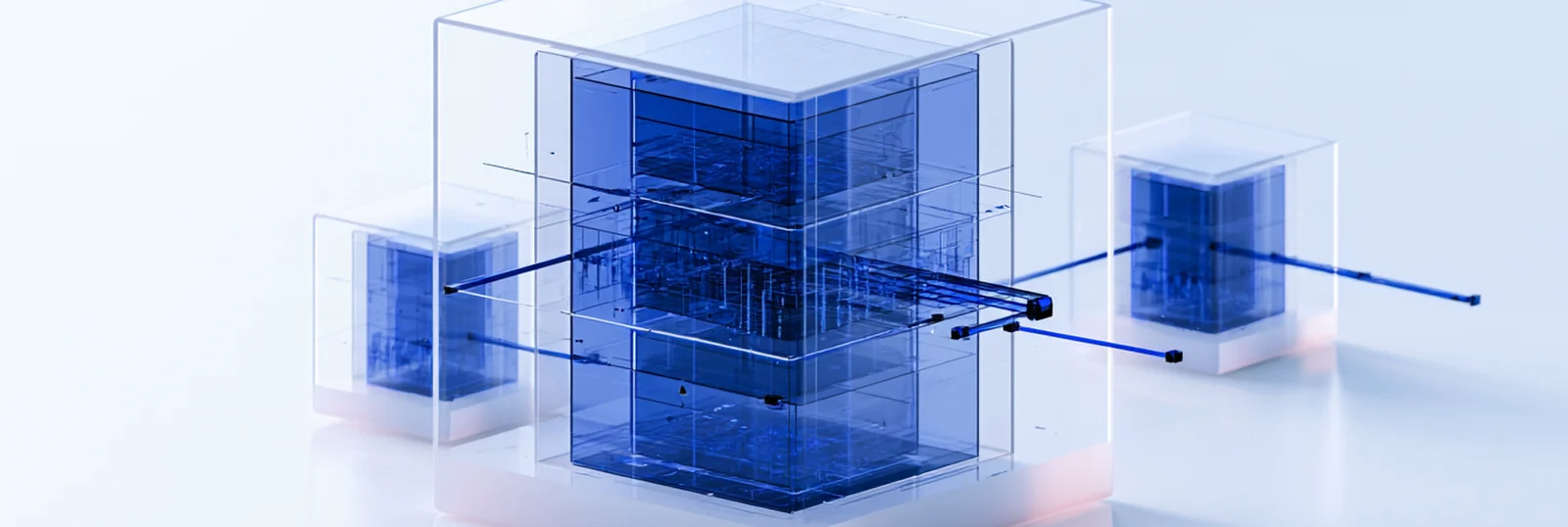 Spatial render: one large registry of stacked blue records linked to smaller holder cases around it