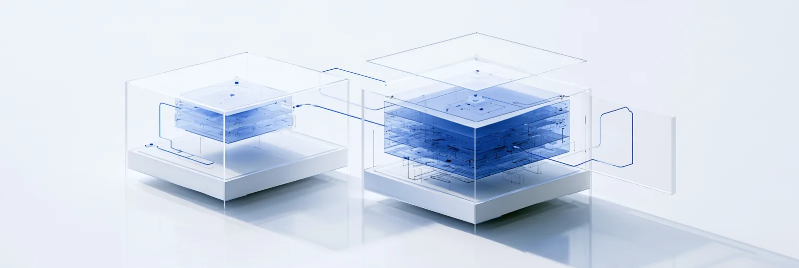Spatial render: two glass cases side by side, one holding a filled blue archive, the other nearly empty