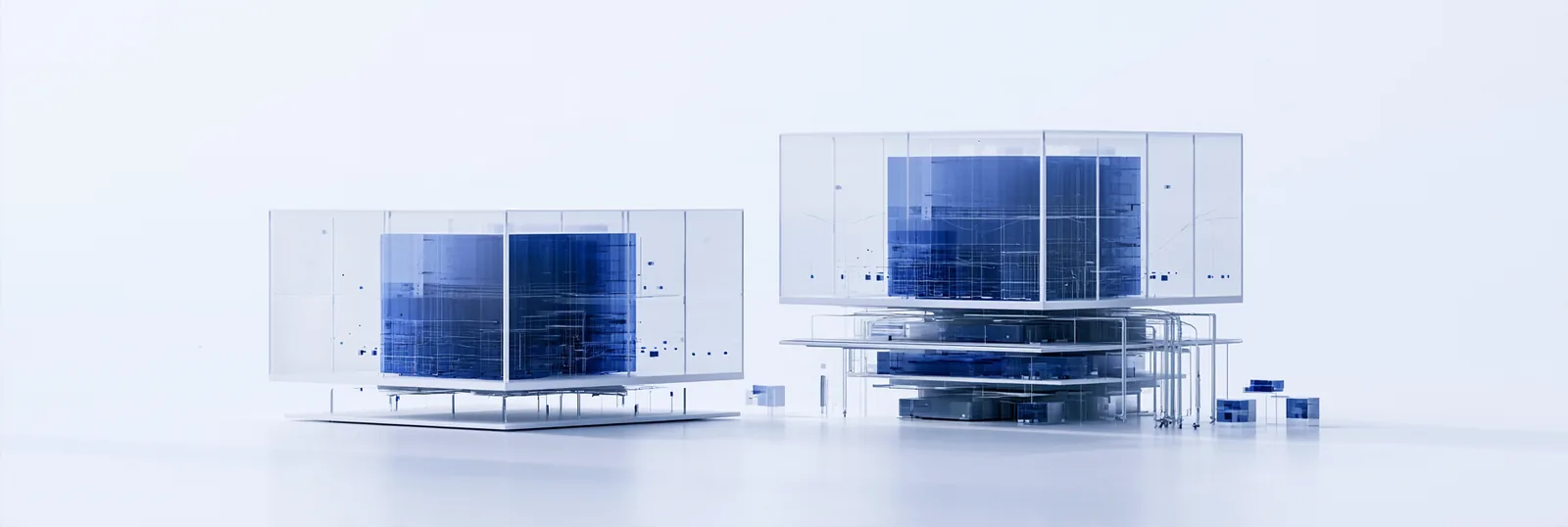 Spatial render: two glass structures side by side, one resting on a thin plate, one on a deep layered foundation