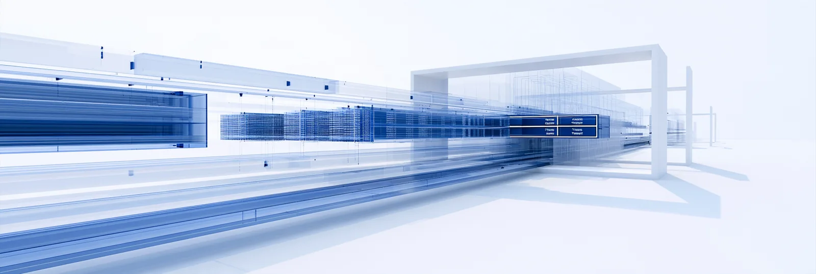 Spatial render: many parallel translucent tracks merging into one deep channel