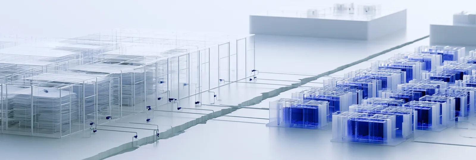 Spatial render: rows of translucent records arranged in evenly spaced sections receding to the right