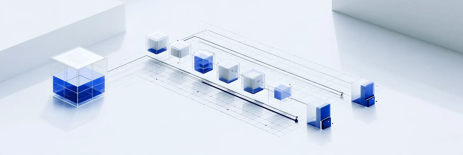 Spatial render: a loose line of glass volumes along one connection, one solid blue volume among them