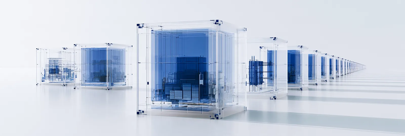 Spatial render: a long row of glass boxes receding right, one large box holding a dense blue answer block