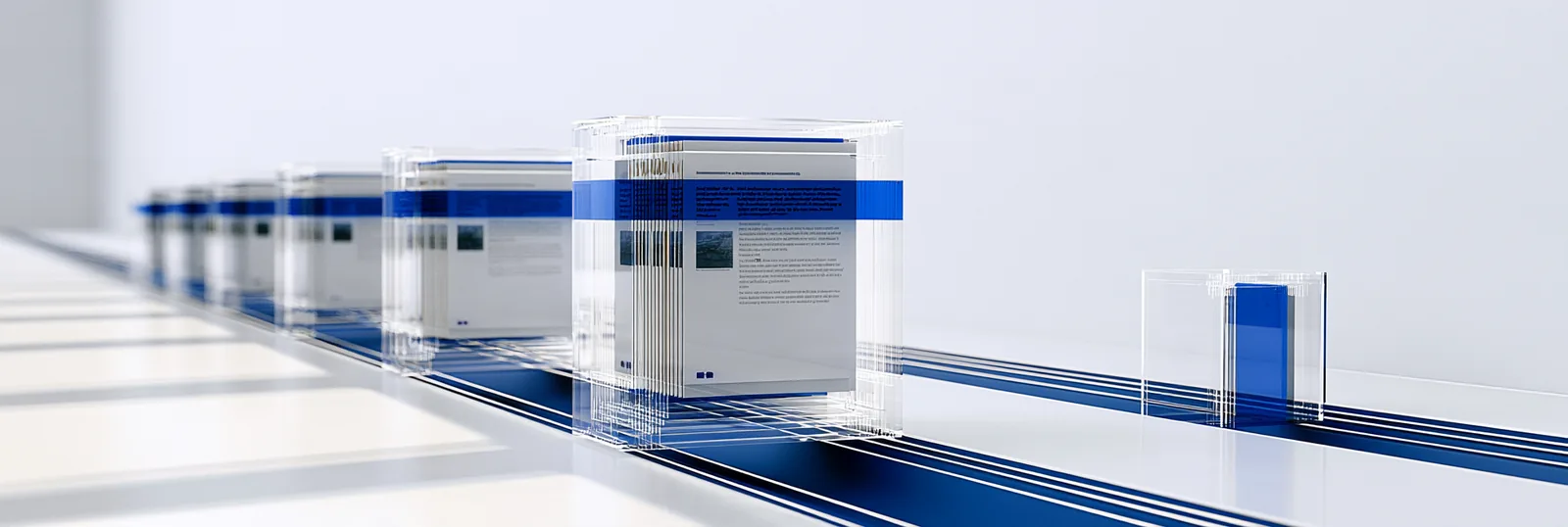 Spatial render: a row of upright document frames on a track, one frame highlighted mid-passage