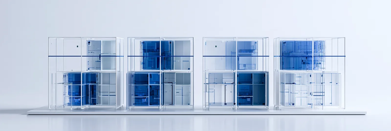 Spatial render: four equal platform modules in a row, each partially opened for comparison