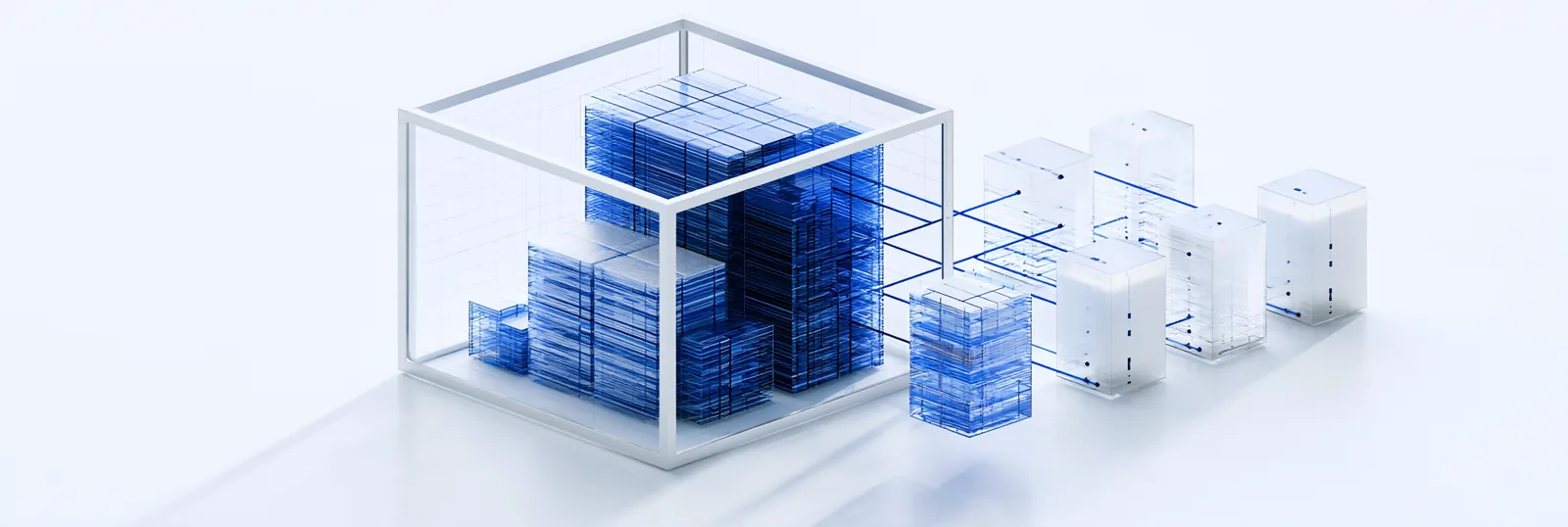 Spatial render: a company equity register of equal thin blue share units grouped inside one open frame