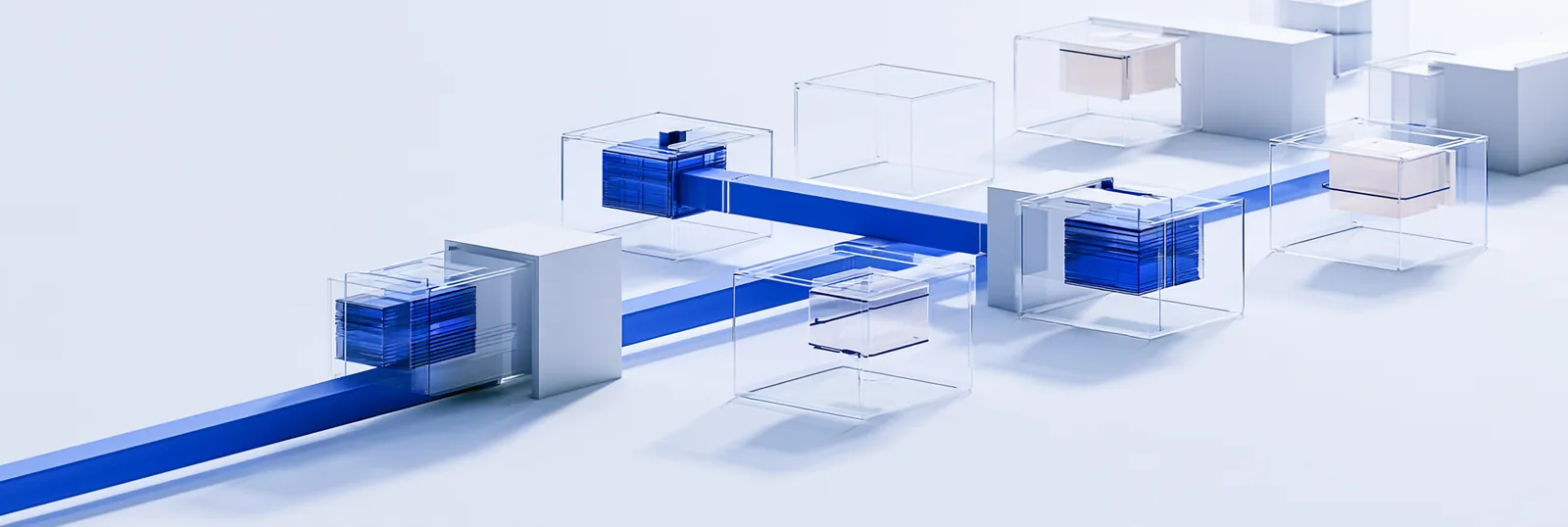 Spatial render: a security token travelling one blue track through a narrow gate into an open matching field