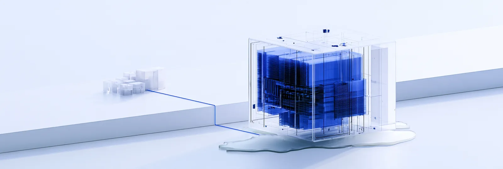 Spatial render: one compact saturated blue archive on a thin line across an empty plane