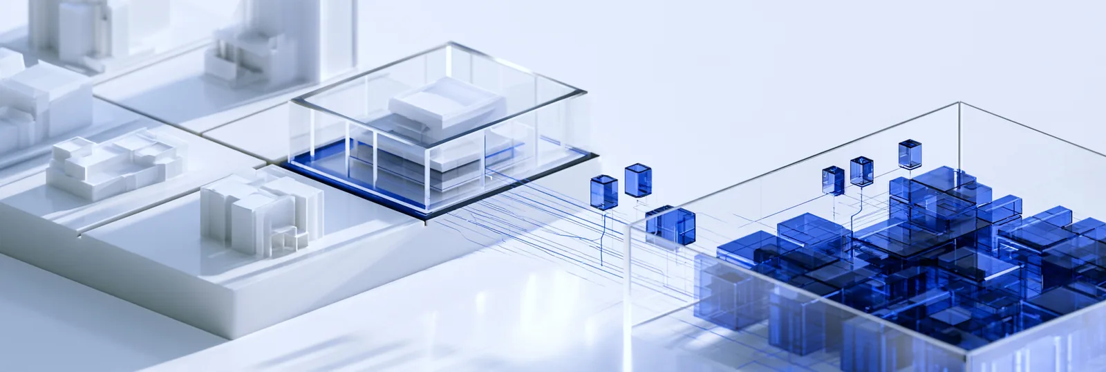 Spatial render: a parcel map of white building models with one selected property lifted into a dense blue record cluster