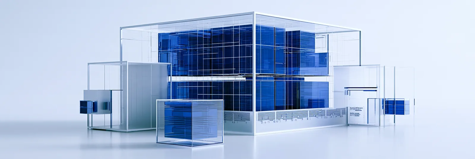Spatial render: one large vault of separated asset record stacks with a share register along its front edge