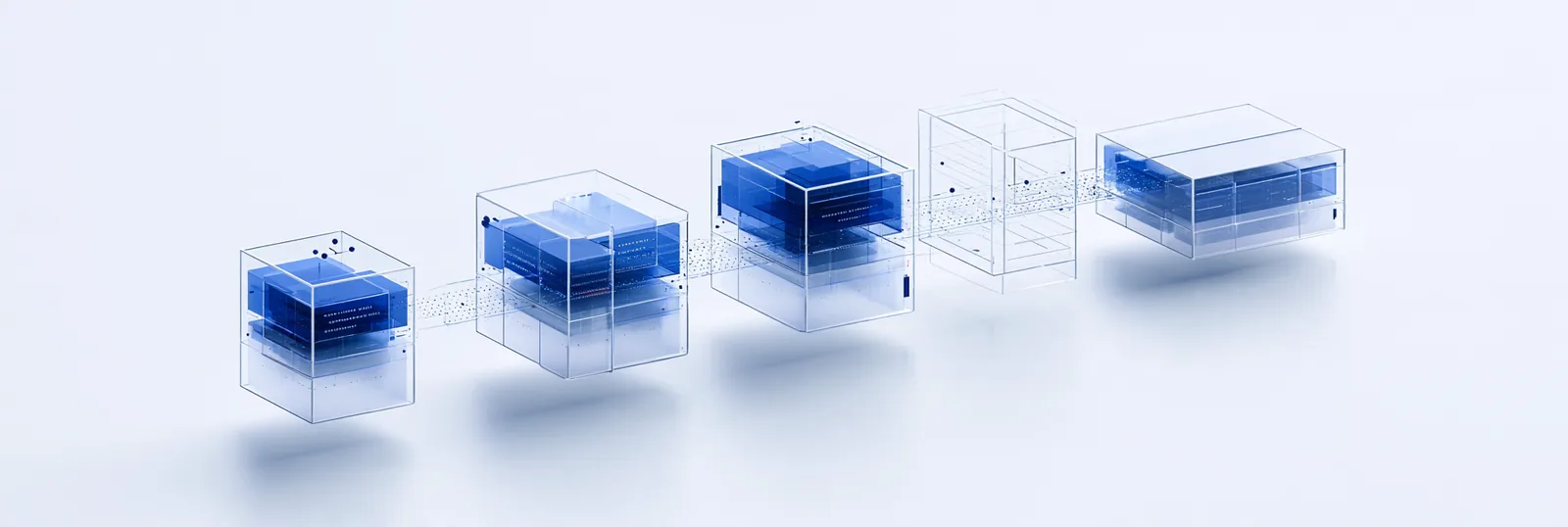 Spatial render: five glass containers in a row, filling with blue stage by stage toward the right