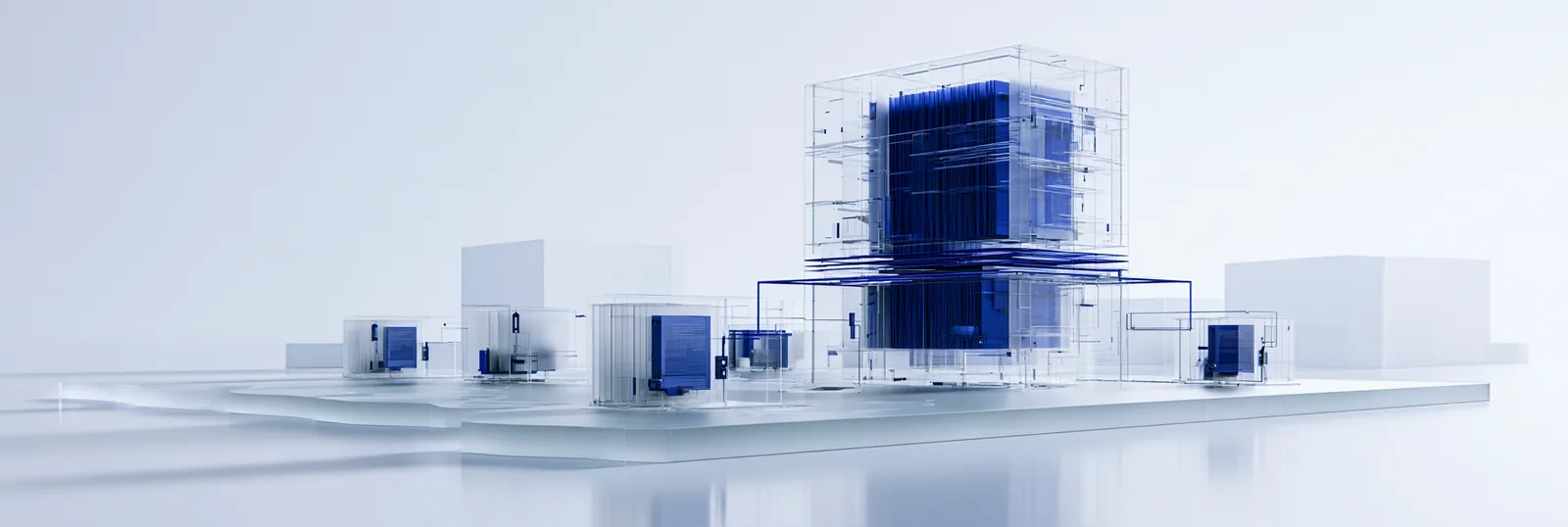 Spatial render: one tall saturated blue tower among low white structures on a wide plane