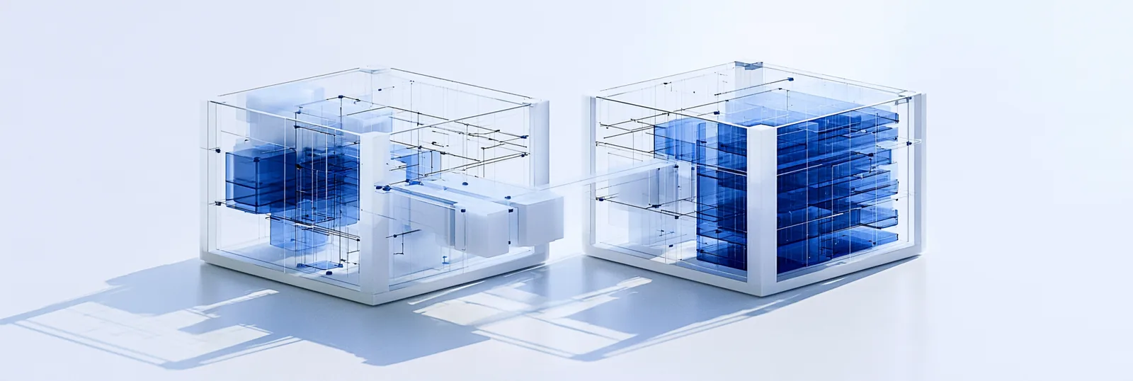 Spatial render: two glass record cases side by side, the rules drawn outside one and inside the other
