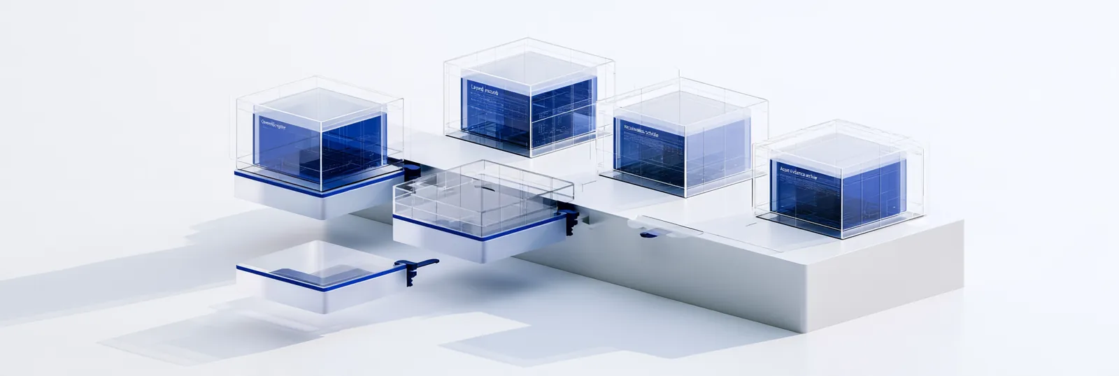 Spatial render: one standard white rail carrying three matching blue record cases