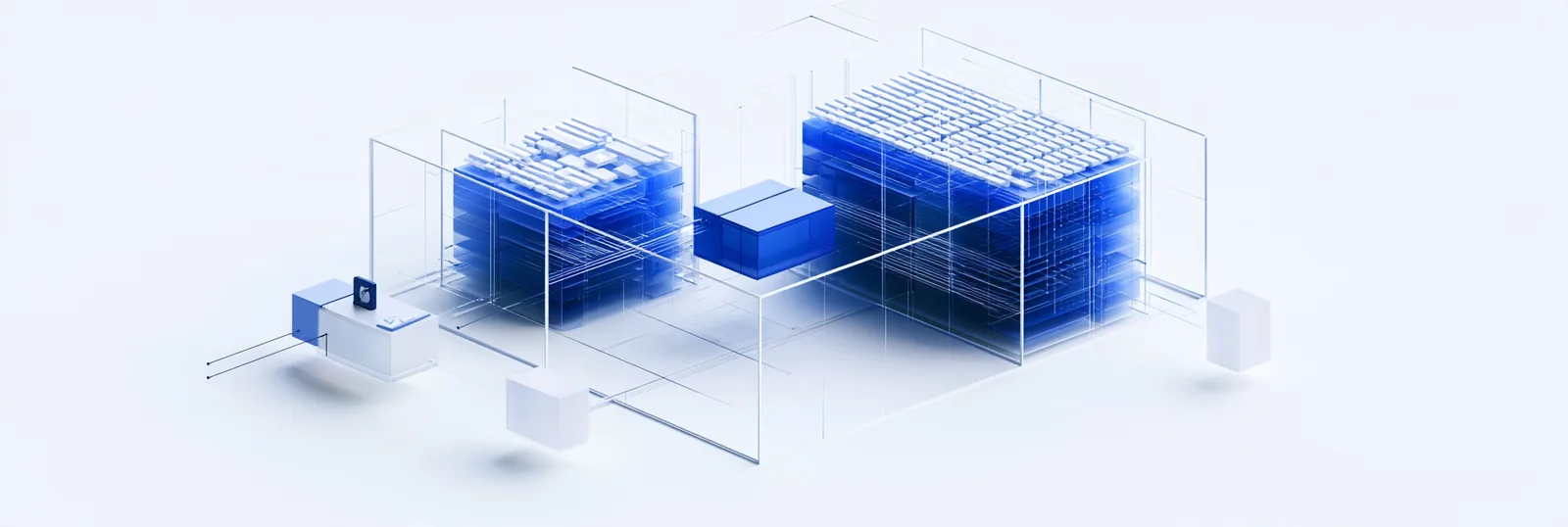Spatial render: a dense blue trading block with two small modules waiting at its sides