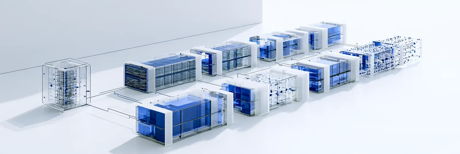 Spatial render: several parallel rows of record containers of different textures receding right