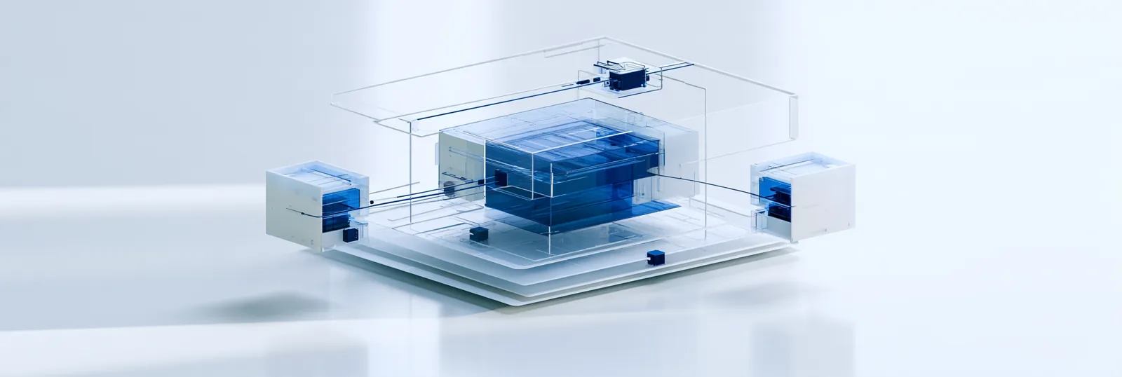 Spatial render: a sealed record case with one module lifted out over a separate base