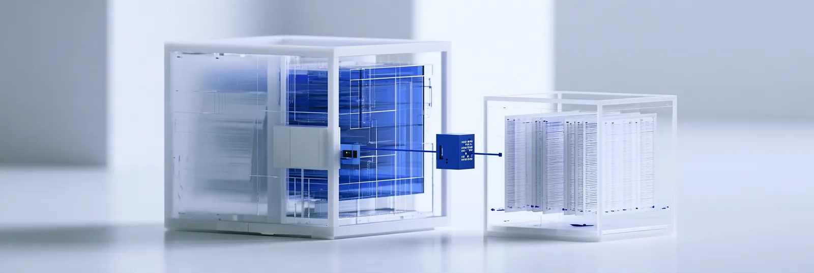 Spatial render: a dense record cube read through a screen, its copy showing only the outline