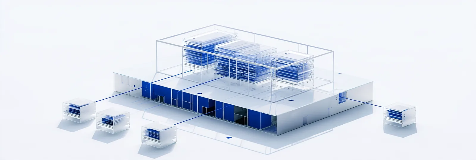 Spatial render: a low wide structure of many chambers, each tied by a line to its own small module