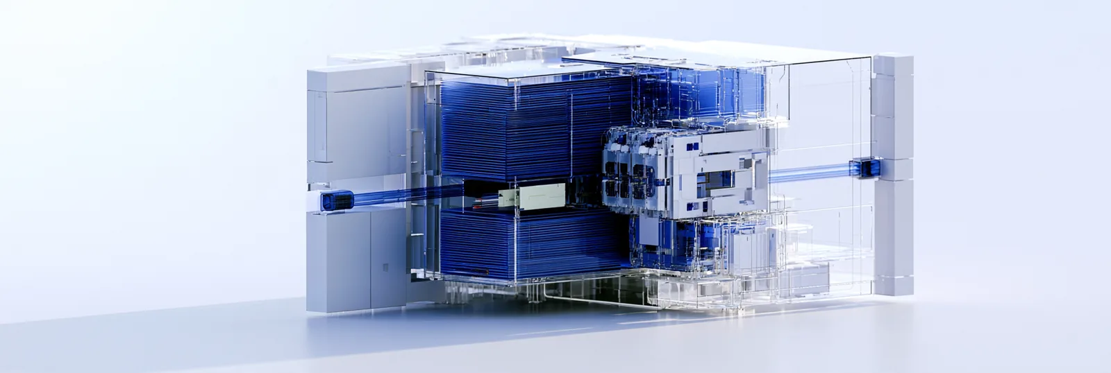 Spatial render: one dense blue engine case with a single line entering and leaving