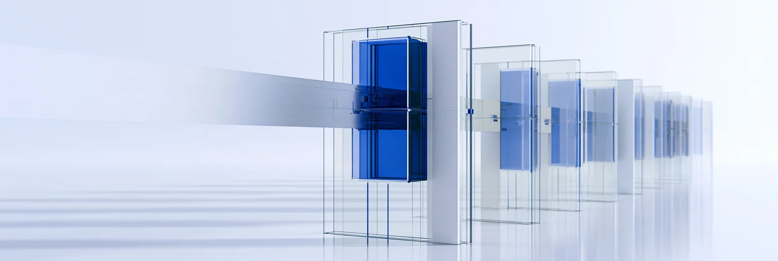 Spatial render: an information ribbon stretched through a sequence of upright glass time partitions