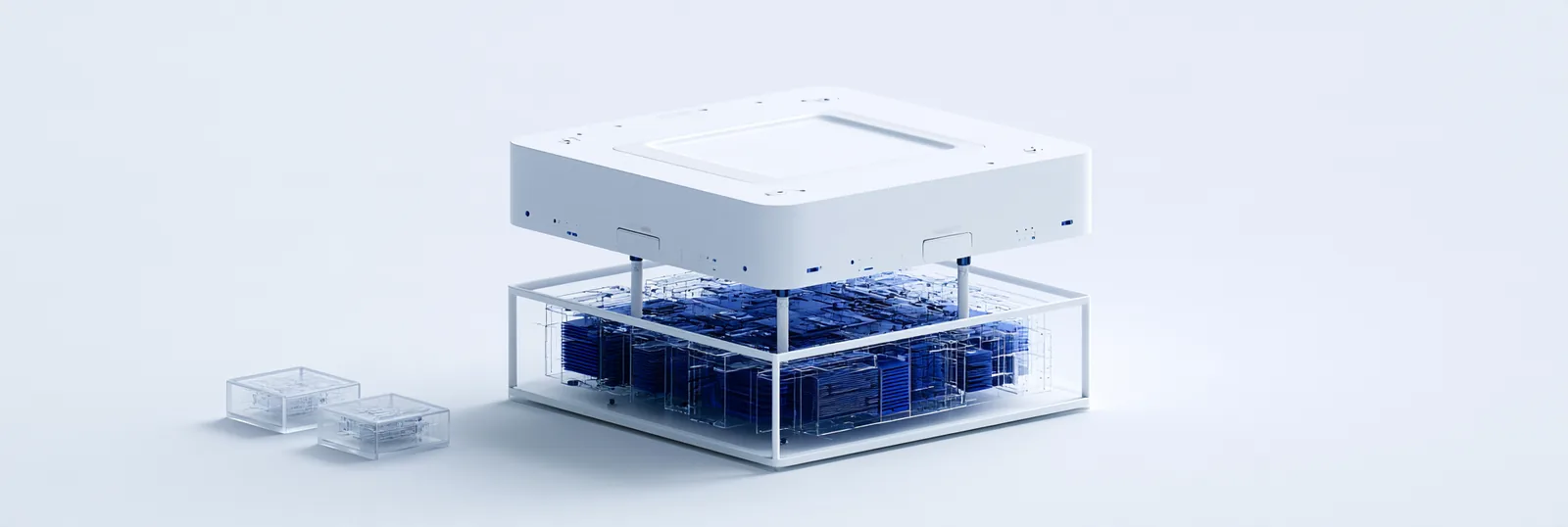 Spatial render: a white shell lifted above a working blue engine beneath it