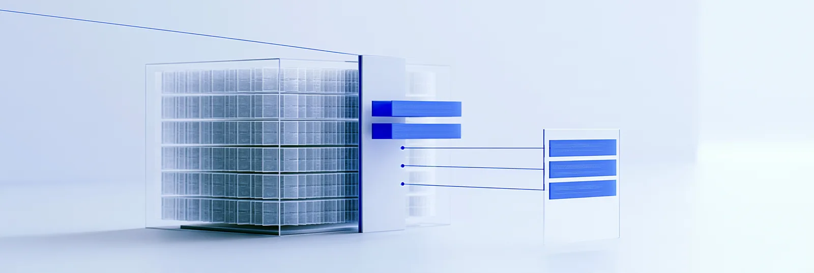 Spatial render: a dense record wall answering a small reader panel over three clean lines