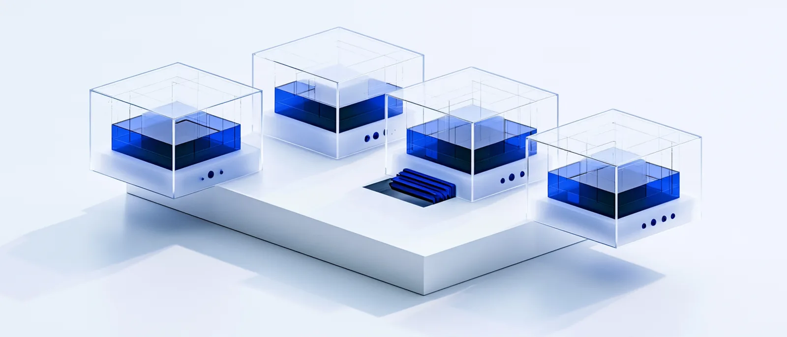 Spatial render: four different asset modules approaching one shared reading interface