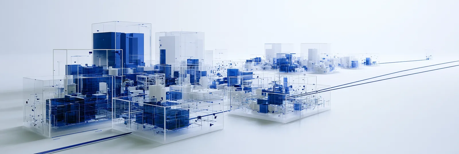 Spatial render: a wide field of glass containers holding blue record stacks of different densities