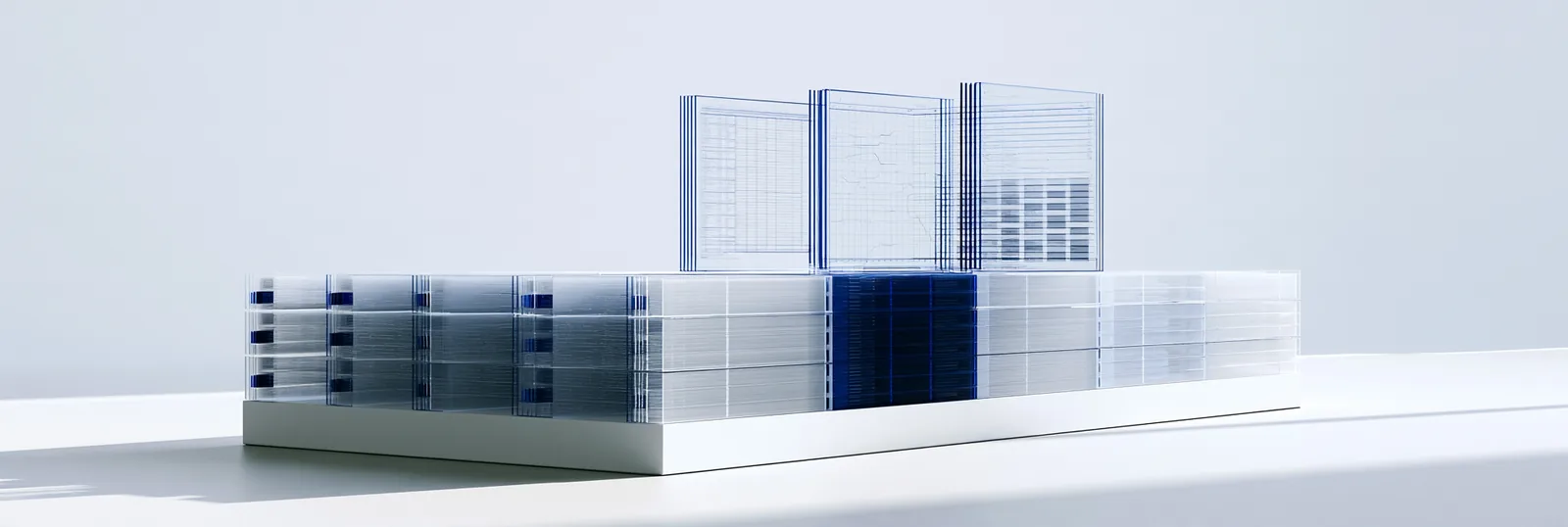 Spatial render: one long platform carrying an ordered row of records with tall indexed panels behind