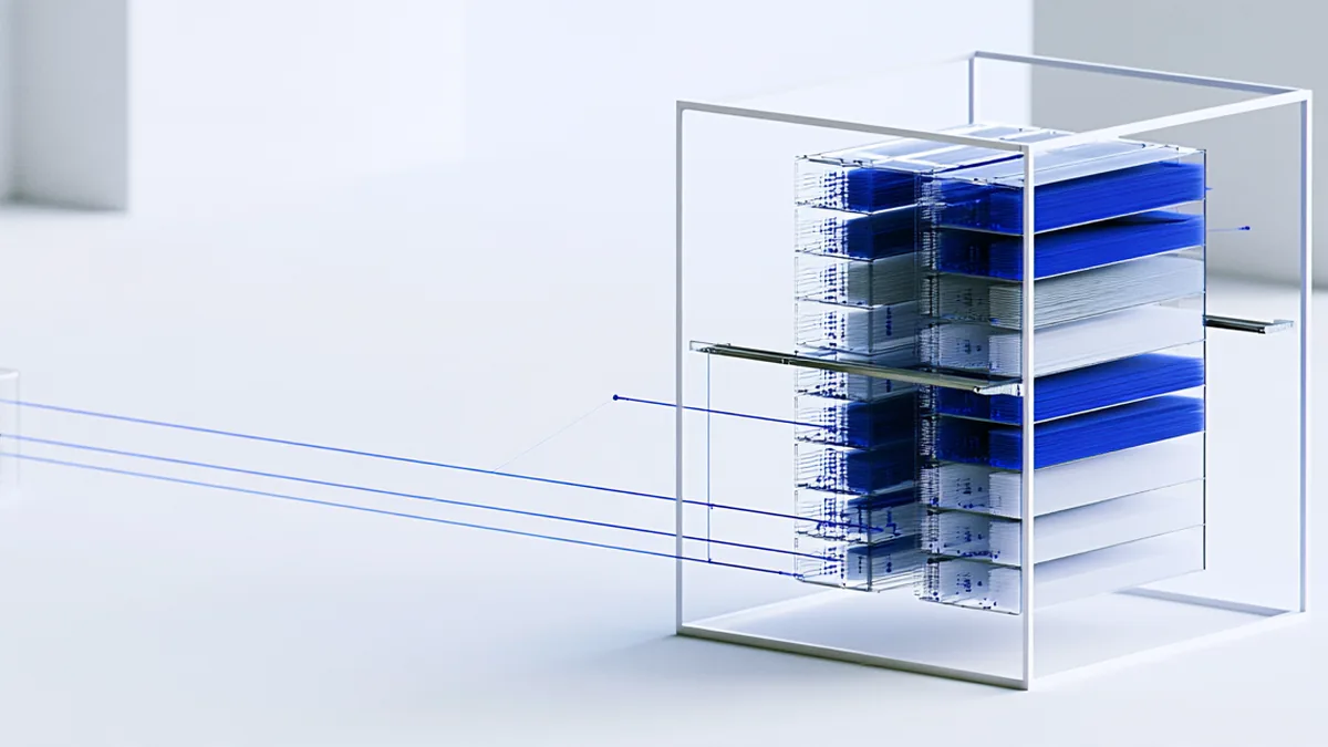 Spatial render: a company record wired over seven lines to one assessment structure