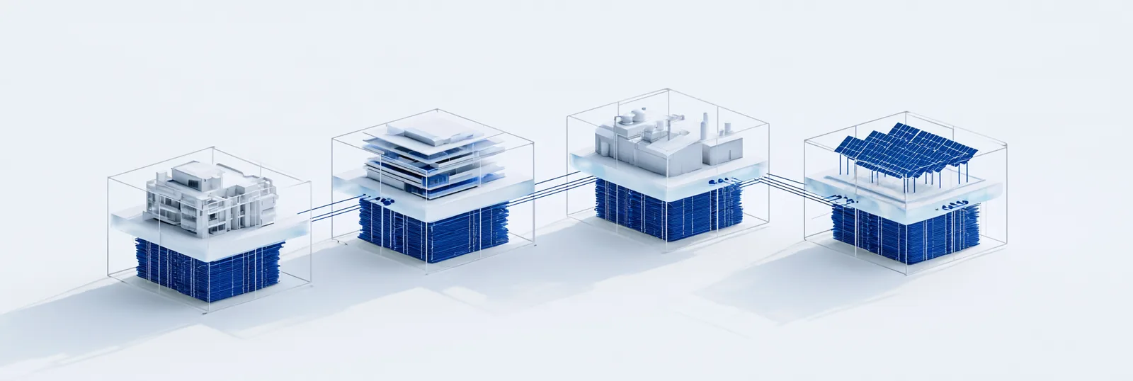 Spatial render: four asset models on shared blue record foundations, connected in one row