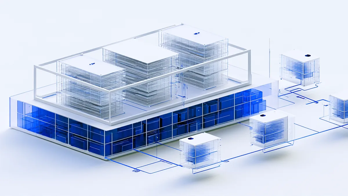 Spatial render: one wide fund enclosure holding distinct underlying asset records