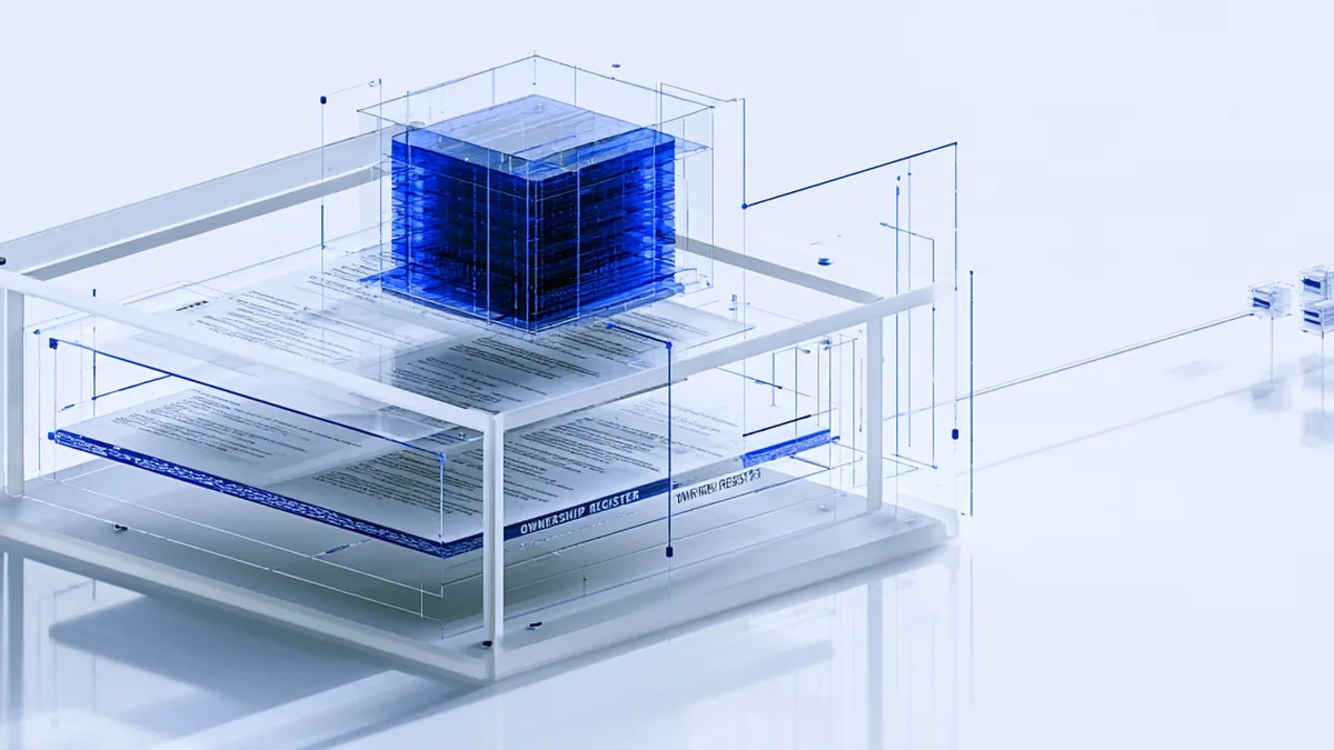 Spatial render: a physical asset model held inside nested transparent enclosures with its evidence layers