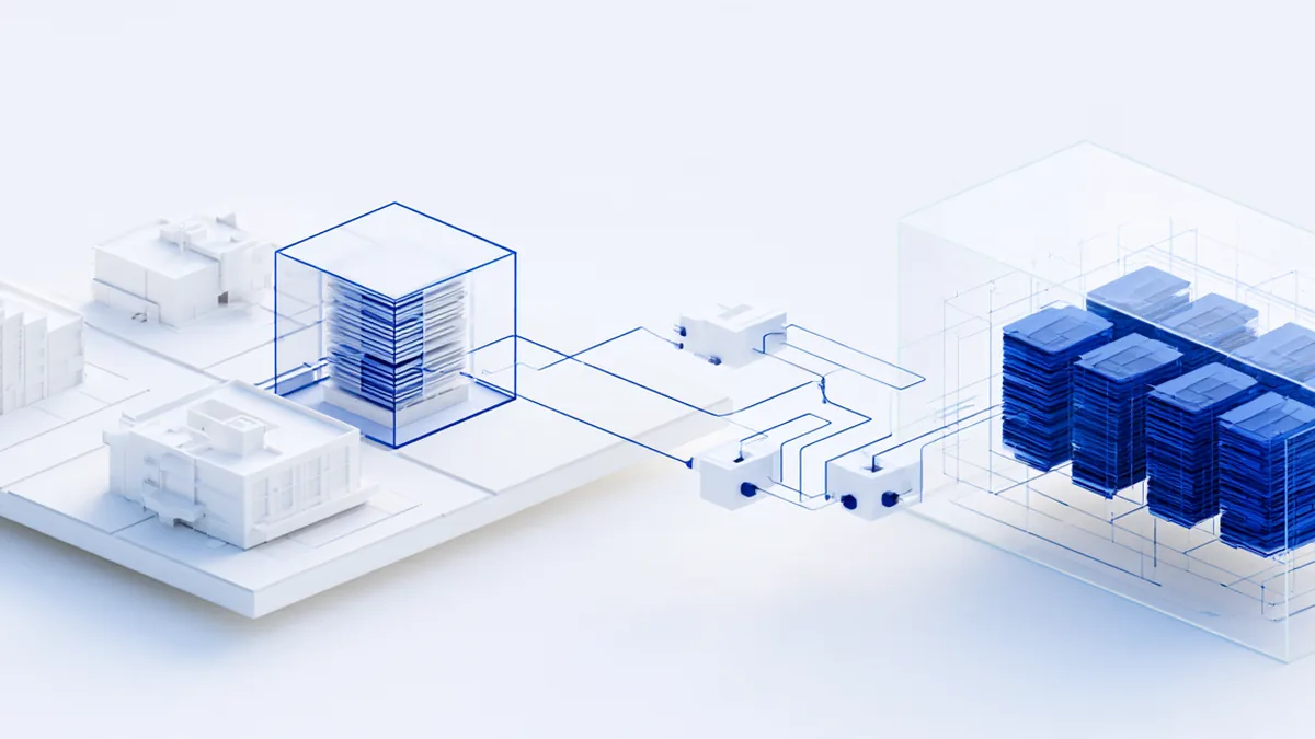 Spatial render: a parcel map of white building models with one property lifted into a dense record cluster