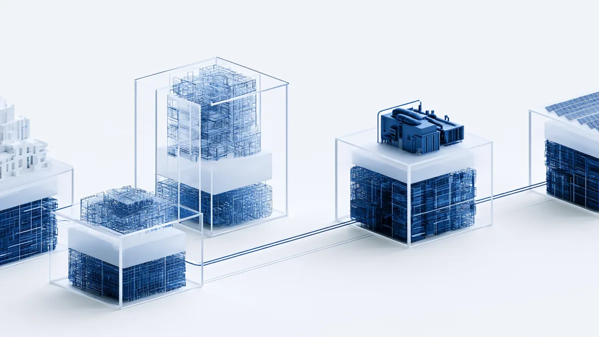 Spatial render: four asset structures in transparent enclosures on one shared plane