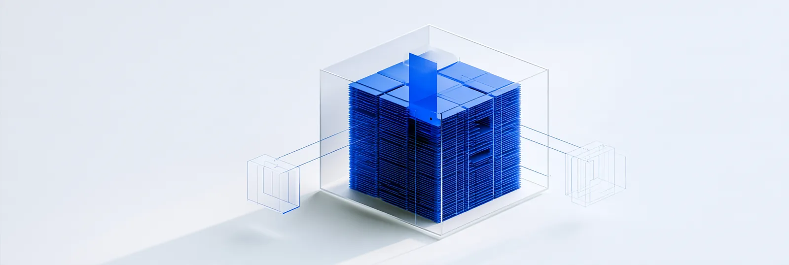 Spatial render: one solid blue archive cube with a single raised segment, standing alone on white