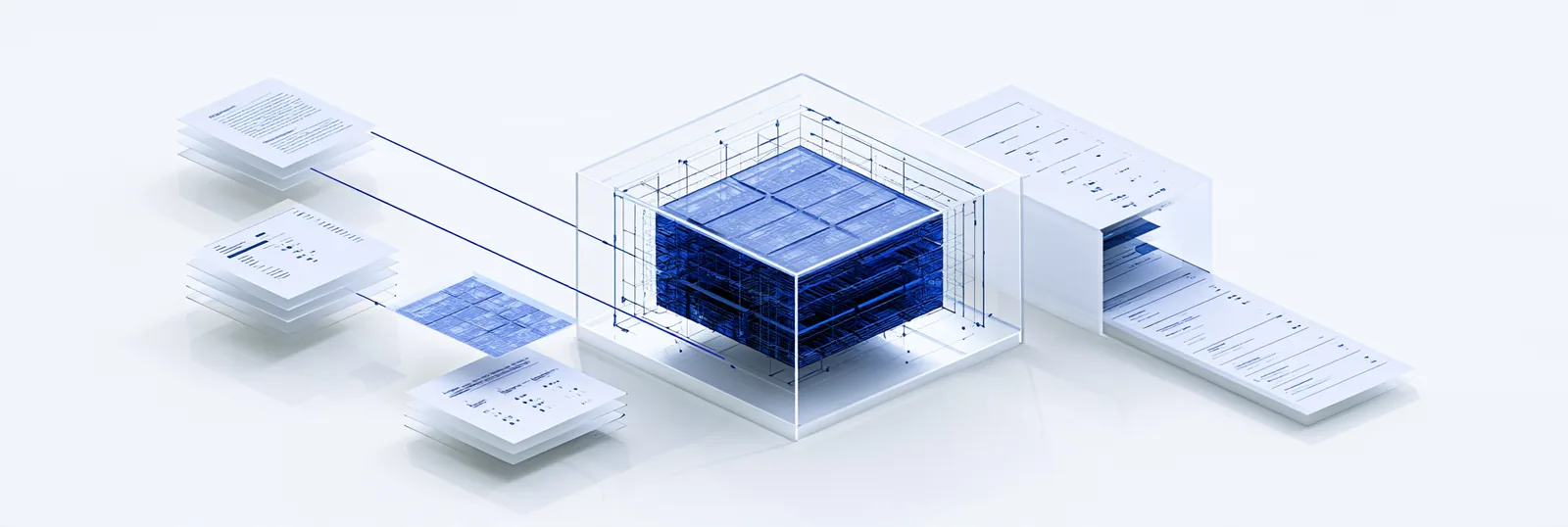Spatial render: document sheets converging into one dense blue record cube and leaving as one ordered ledger strip